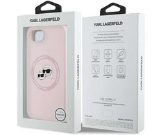 Karl Lagerfeld dėklas skirtas Apple iPhone 16e (SE 4 2025) suderinamas su MagSafe KLHMPSE4SKCHTCP (Silicone Double Heads) rožinės spalvos