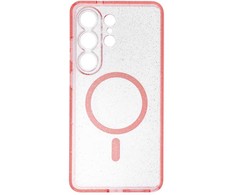 Oem „Samsung S26 ULTRA Clear Mag Cover“ dėklas – blizgučiais (strypas / kameros apsauga), suderinamas su „MagSafe“ rausvais blizgučiais.