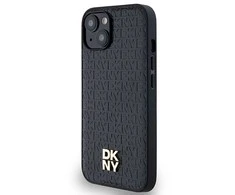 DKNY DKHMP14SPSHRPSK Apple iPhone 14 15 13 juodos spalvos kietas dėklas Leather Monogram Pattern Metal Logo MagSafe