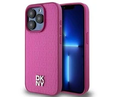 DKNY DKHMP15LPSHRPSP Apple iPhone 15 Pro 6.1 inch rožinės spalvos kietas dėklas Leather Monogram Pattern Metal Logo MagSaf