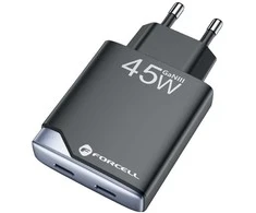 Įkroviklis jungiama į tinklą do telefonu Forcell F-Energy Ultra Slim GaN III 2 x USB C PD QC4.0 3A 45W B245201(2C) juoda