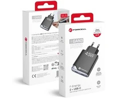Įkroviklis jungiama į tinklą do telefonu Forcell F-Energy Ultra Slim GaN III 2 x USB C PD QC4.0 3A 45W B245201(2C) juoda