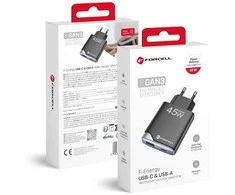 Įkroviklis jungiama į tinklą do telefonu Forcell F-Energy Ultra Slim GaN III USB C + USB A PD QC4.0 3A 45W B245202(1A1C) juoda