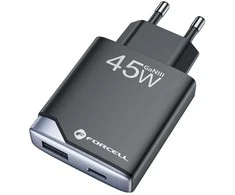 Įkroviklis jungiama į tinklą do telefonu Forcell F-Energy Ultra Slim GaN III USB C + USB A PD QC4.0 3A 45W B245202(1A1C) juoda
