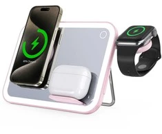 Forcell F-ENERGY Mag Mirror 3 in 1 15W belaidis įkroviklis, suderinamas su „MagSafe“ / „Apple Watch“ / „Samsung Watch“ / „Airpods“, rožinis