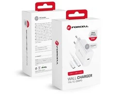 Įkroviklis Forcell + "USB-C (Type-C) to USB-C (Type-C)" (1xUSB-C 3A 25W) baltas