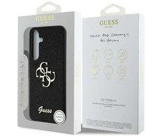 Guess PU Fixed Glitter 4G Metal Logo dėklas skirtas Samsung Galaxy S25 juodos spalvos