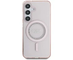 Dėklas Guess Rhinestones Printed Classic Logo MagSafe Samsung Galaxy S25 rožinės spalvos