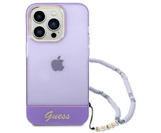 Guess GUHCP14LHGCOHU Apple iPhone 14 Pro 6,1" violetinis kietas dėklas su permatomu perlų dirželiu