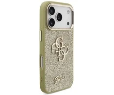 Guess Fixed Glitter Big 4G Metal Frame dėklas skirtas Apple iPhone 17 Pro aukso spalvos