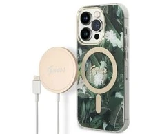 Guess set telefono dėklas + pakrovėjas iPhone 14 Pro Max 6,7 GUBPP14XHJEACSA žalias hard telefono dėklas Jungle MagSafe