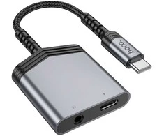 Adapteris AUX 2w1 USB C į USB C / Jack 3,5 mm Hoco 27W LS39 metalinis pilkas