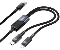 Laidas 2in1 USB-C į USB-C + Lightning Hoco 5A 100W 1,2 m U139 juodas