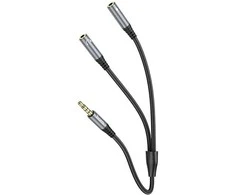 Kabelis AUX 2in1 Jack 3,5 mm (vyriškas) - 2 x Jack 3,5 mm (lizdas) Hoco 0,25 m UPA21 metalinis pilkas