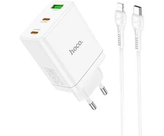 Telefono įkroviklis Hoco 2 x USB C + USB A QC3.0 PD 3A 35W + laidas USB C į Lightning N33 baltas