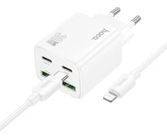 Telefono įkroviklis Hoco 2 x USB C + 2 x USB A QC3.0 PD 3A 30W + laidas USB C į Lightning N56 baltas