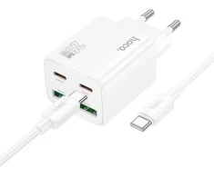 Telefono įkroviklis Hoco 2 x USB C + 2 x USB A QC3.0 PD 3A 20W + laidas USB C į USB C N55 baltas
