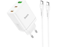 Telefono įkroviklis Hoco 2 x USB C + USB A QC3.0 PD 3A 35W + laidas USB C į USB C N33 baltas