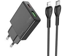 Telefono įkroviklis Hoco Slim USB A + USB C QC3.0 PD 3A 20W + laidas USB C - Lightning N38 juodas