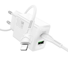 Telefono įkroviklis Hoco USB A + USB C QC3.0 PD AFC 3A 30W + laidas USB C į USB C N71 baltas