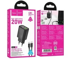 Telefono įkroviklis Hoco USB A + USB C QC3.0 PD 3A 20W + laidas USB C - Lightning N61 juodas