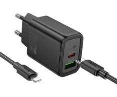 Telefono įkroviklis Hoco USB A + USB C QC3.0 PD 3A 20W + laidas USB C į USB C N61 juodas