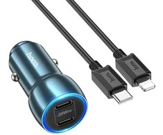 HOCO automobilinis pakrovėjas 2 x Type C + Type C laidas skirtas Lightning PD QC3.0 3A 40W Z48 mėlynas