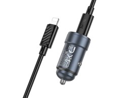 Automobilinis įkroviklis Hoco USB C QC3.0 PD 30W + laidas USB C - Lightning Z57 metalinis pilkas