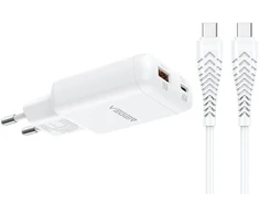 Phone charger USB A + Type C PD 65W + data cable Type C to C 100W VEGER TR122 baltas