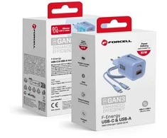Phone charger Forcell F-Energy GaN III Crystal Color USB C + USB A QC4.0 PD 33W + silicone cable USB C to USB C VT-41 mėlynas