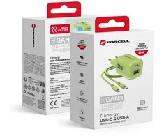 Phone charger Forcell F-Energy GaN III Crystal Color USB C + USB A QC4.0 PD 33W + silicone cable USB C to USB C VT-41 žalias