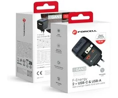 Phone charger Forcell F-Energy GaN USB C + USB A + retractable cable USB C PD QC4.0 3A 70W VT-R7 pilka