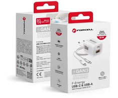 Phone charger Forcell F-Energy GaN III Crystal Color USB C + USB A QC4.0 PD 33W + silicone cable USB C to USB C VT-41 baltas 0INT