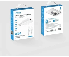 Phone charger USB A + Type C PD 65W + data cable Type C to C 100W VEGER TR122 baltas