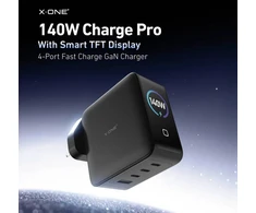 Kelioninis įkroviklis X-ONE ChargeGo GaN 65W su ištraukiamu laidu ir USB C prievadu - juodas