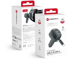 Car charger Forcell F-Energy Alu USB C + USB A + retractable cable USB C PD QC4.0 SFC2.0 3A 75W juodas