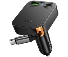 Automobilinis įkroviklis Hoco su ištraukiamu laidu 2 x USB C + USB A QC PD 65W NZ18 juodas