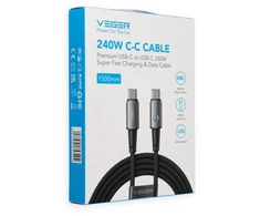 Cable with LED light indicator Type C to Type C VEGER PD 5A 240W CC2-ZSD 1,5 m juodas