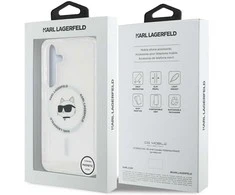 Dėklas Karl Lagerfeld Karlo Lagerfeldo mygtuko Choupette galvutės spausdintas logotipas MagSafe Samsung Galaxy S25 Plus baltas