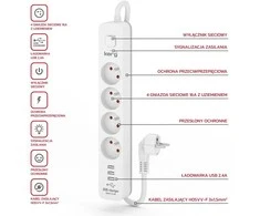Kerg KERG su komutatoriumi -3USB-baltas-pilka-5m-16A-H05VV-F-3x1.5mm2