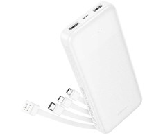 Nešiojamas įkroviklis Hoco 10000 mAh 2A su keturiais įmontuotais kabeliais USB A + USB C + Lightning + Micro USB J163 baltas