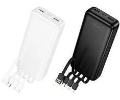 Powerbank Hoco 20000 mAh 2A with four built-in cables USB A + USB C+ Lightning + Micro USB J163A baltas