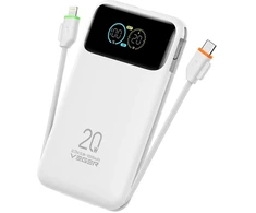 Nešiojamas akumuliatorius Veger Fuerza 10 (W1212B) PD 20W 10000 mAh su įmontuotais kabeliais USB C / Lightning baltas