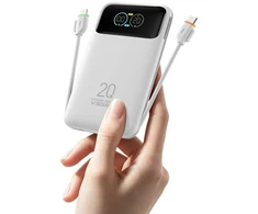 Nešiojamas akumuliatorius Veger Fuerza 10 (W1212B) PD 20W 10000 mAh su įmontuotais kabeliais USB C / Lightning baltas