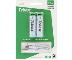 TCBEST įkraunama baterija R6 (AA) 1850 mAh su C tipo lizdu + laidas USB A į 2 x C tipo jungtys (2 vnt.)