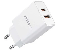 Phone charger VEGER USB A + Typ C PD QC3.0 3A 30W VLS302U baltas