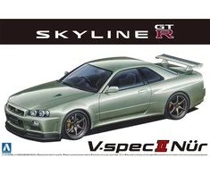 Aoshima Nissan Skyline GT‑R R34 V‑spec II Nür 2002, 1/24 modelis