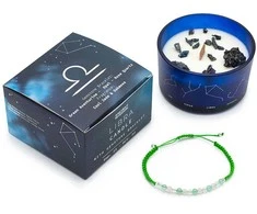 Ancient Wisdom Zodiako kristalų žvakė su apyranke Svarstyklėms, ąžuolo samanų aromatas
