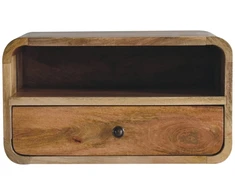 Artisan Furniture Didelis sieninis mango medienos naktinis staliukas su stalčiumi ir lentyna, ąžuolo atspalvio