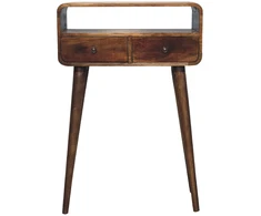 Artisan Furniture Kompaktiškas lenktas mango medienos konsolinis staliukas su 2 stalčiais, pilkos apdailos
